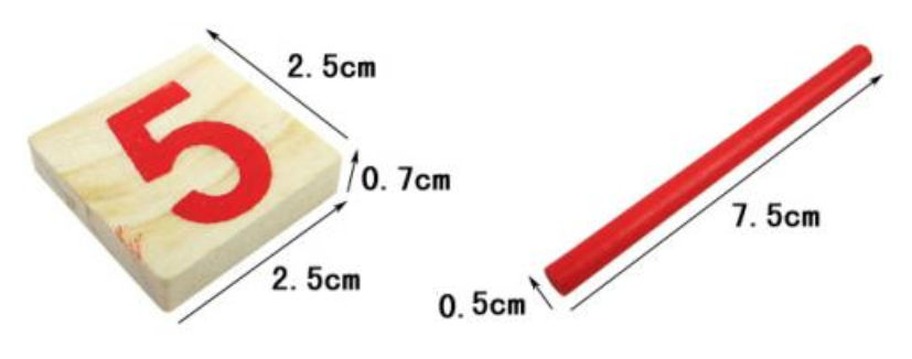 Dimensiones de las fichas y las varillas de madera