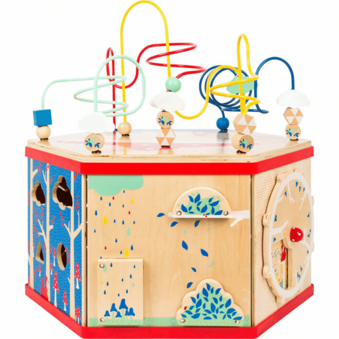 Cubo de actividades y de motricidad XL de madera animado con sus diferentes caras