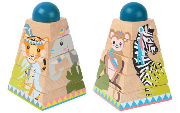 Juguete de madera para apilar - Reconstrucción de los animales mayas en las 4 caras de la pirámide